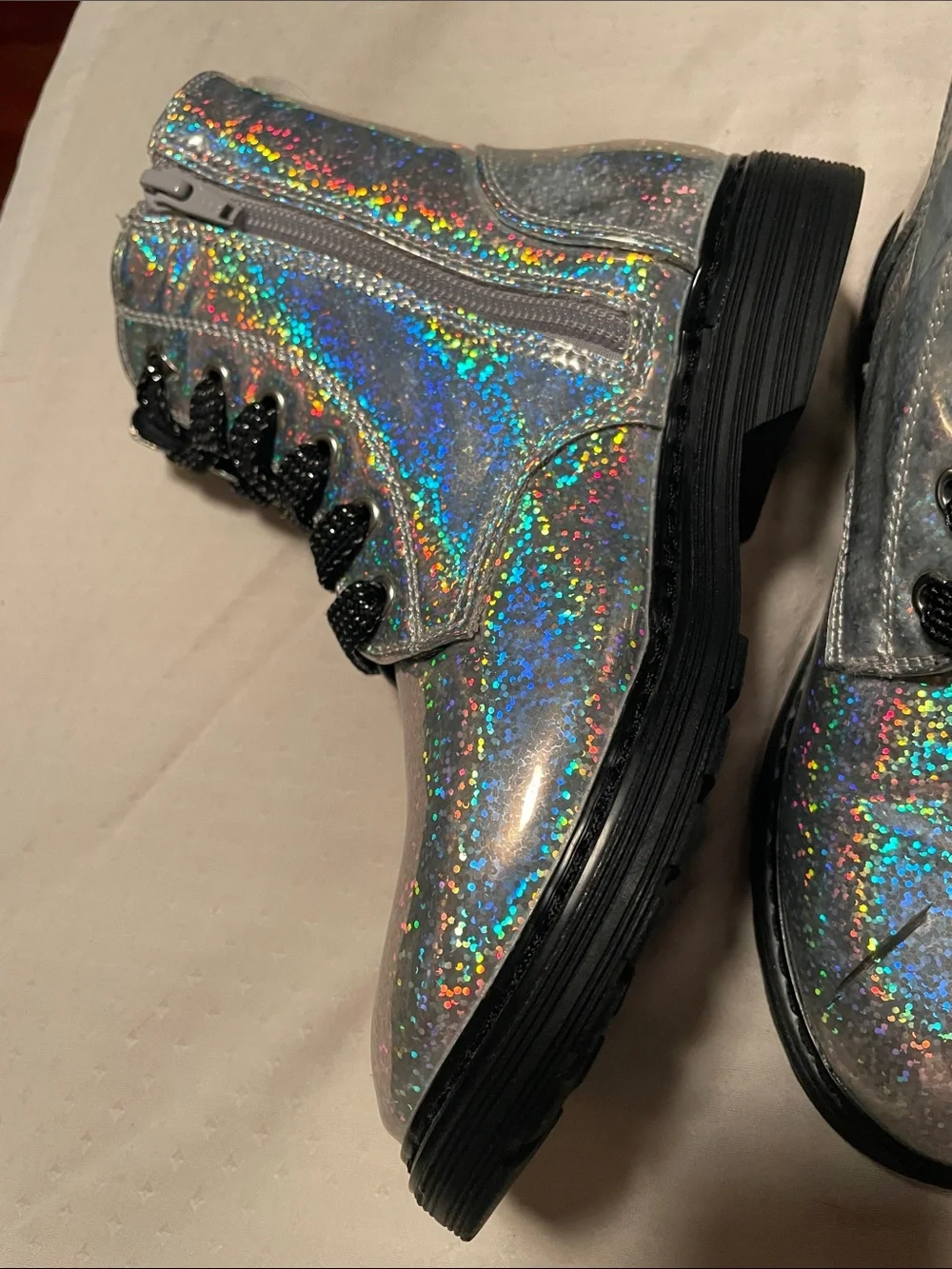 Kids Holographic Silver Sparklr Lace-Up and Zip Boots.
